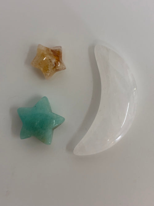 Clear Quartz Moon, Aquamarine Star, Citrine Star (Minis)